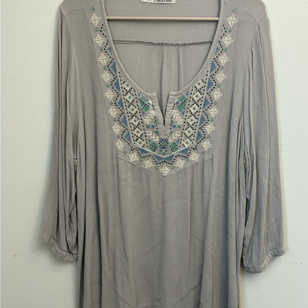 Maurices Gray Embroidered V-Neck Boho Tunic with Blue & Cream Accents